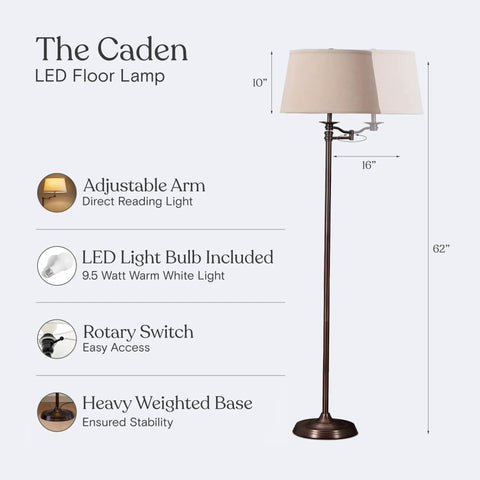 Caden LED Floor Lamp With Swing Arm Tall Bronze Standing Light For Living Room Office Or Bedroom Reading Classic Industrial Design