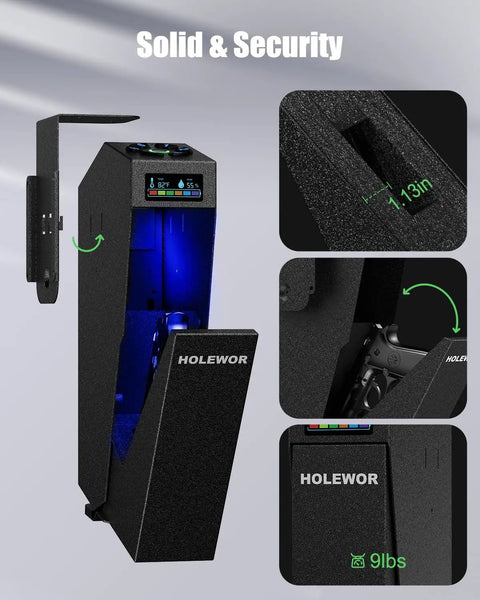 Slick Drop Down Biometric Gun Safe Featuring Lcd Temperature And Humidity Display For Dead Nuts Secure Handgun Storage Plug And Play Bedside Desk Mount Gotta Have Quick Access Firearm Security, showing LED display and steel build.