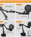 Illustration of how to use Dial Indicator 0 to 1 Inch with 0.001 Inch Resolution and 132 Pound Magnetic Base for precision setup.