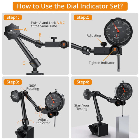 Illustration of how to use Dial Indicator 0 to 1 Inch with 0.001 Inch Resolution and 132 Pound Magnetic Base for precision setup.