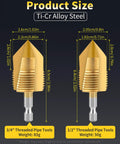 Dual-Function PVC Pipe Threading Tool Kit For One-Half Inch And Three-Quarter Inch Pipes, detailed size dimensions shown