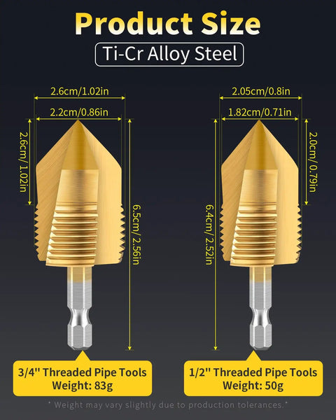 Dual-Function PVC Pipe Threading Tool Kit For One-Half Inch And Three-Quarter Inch Pipes, detailed size dimensions shown