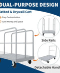 Heavy Duty Steel Panel Cart 36x24 Inch Platform Truck 2 In 1 Industrial Grade With 2200 Lbs Capacity Drywall Dolly Removable Side Rails And Swivel Wheels For Plywood Lumber shown with side rails and detachable handle