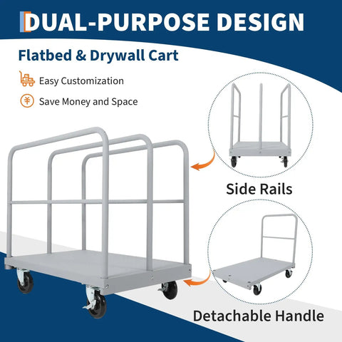 Heavy Duty Steel Panel Cart 36x24 Inch Platform Truck 2 In 1 Industrial Grade With 2200 Lbs Capacity Drywall Dolly Removable Side Rails And Swivel Wheels For Plywood Lumber shown with side rails and detachable handle