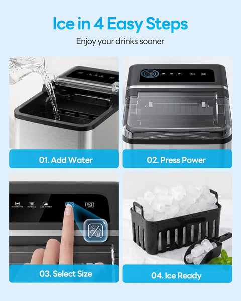 Top Tier Countertop Ice Maker Chilling Drinks On The Fly With Dual Size Bullet Ice Producing Over Twenty Six Pounds Daily showing steps to make ice.