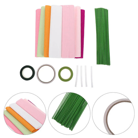 Crepe Paper Flower Diy Kit With Precut Sheets For Realistic Paper Bouquets, Gift Wrapping Decor, Easy To Shape Flowers For Weddings And Crafts, Perfect Giftable Home Decor And Backyard Diy Projects. Crepe paper sheets, wires, and tape set