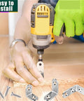 Hella Sturdy Stainless Steel Shelf Brackets, L Shaped Corner Mounts With Hardware, Rock Solid 90 Degree Wood Joint Reinforcers For Heavy Duty Furniture Builds No Wobbly Mess being installed with a drill.