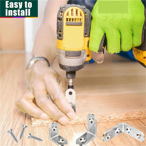 Hella Sturdy Stainless Steel Shelf Brackets, L Shaped Corner Mounts With Hardware, Rock Solid 90 Degree Wood Joint Reinforcers For Heavy Duty Furniture Builds No Wobbly Mess being installed with a drill.