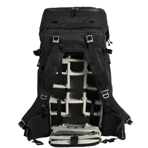 80L Adventure Camera Backpack For DSLR And Cinematography Gear With Cine Master ICU And Gatekeepers And Beefy Outdoor Pack With Full Access Storage Anthracite Color, front view with open compartments