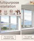 Kids Window Safety Guard, Adjustable 61.4 To 86.6 Inch Wide Interior Bar Gate shown in horizontal and vertical installations