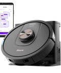 Black renewed Robot Vacuum With Matrix Clean And Precision Mapping Self Empty Base displayed with WiFi control map on phone screen.