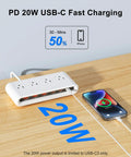 Smooth Ace Power Strip With Five Foot Flat Extension Cord Featuring Eight Versatile Ports Including Four Wall Outlets And Multiple USB Fast Charging Hubs For Mobile Tech Rig And Travel Setup on wooden surface, showing USB-C connection.