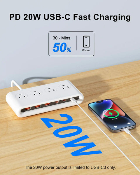 Smooth Ace Power Strip With Five Foot Flat Extension Cord Featuring Eight Versatile Ports Including Four Wall Outlets And Multiple USB Fast Charging Hubs For Mobile Tech Rig And Travel Setup on wooden surface, showing USB-C connection.