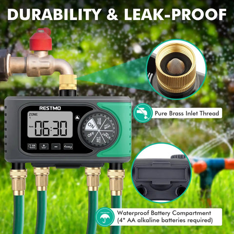 4 Zone Sprinkler Timer With Brass Inlet And Digital Control, Auto Garden Hose Water Timer For Lawn, Durability and Leak-Proof Design