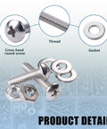 All-In-One 700-Piece 304 Stainless Steel Screws Bolts Nuts And Flat Washers Assortment Kit With Storage Box Includes 4-40, 6-32, 8-32, 10-24 Phillips Pan Head Screws For DIYers. Close-up of screws and washers.