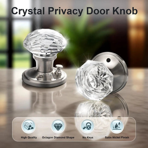 Privacy Glass Door Knob For Bedroom And Bathroom With Lock In Dope Satin Nickel Finish, Diamond Clear Crystal Knob On Victorian Plate Rosette, Vintage Interior Door Hardware To Elevate Any Door with octagon shape
