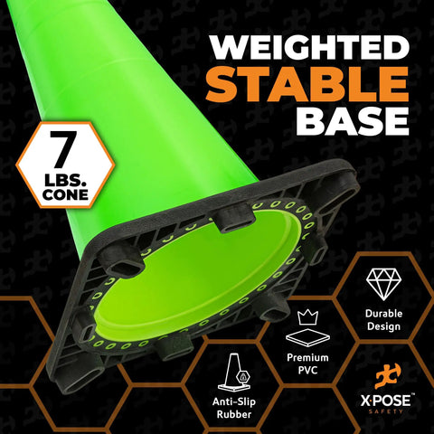 28 Inch Lime Green Traffic Cone 6 Pack Heavy Duty PVC Safety Cone with anti-slip base for parking lots and construction zones.