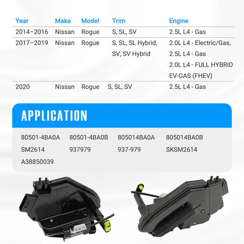 Front Left Door Lock Actuator For Nissan Rogue 2014-2020 With Intelligent Key, black plastic actuator shown with fitment chart