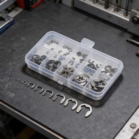 Heavy Duty 120PCS Stainless Steel E-Clip Assortment Set Featuring M1.5 To M10 External Retaining Rings, organized in a clear storage box.