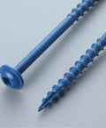 Close-up of rust-resistant blue coated pocket hole screws with washer head, part of the Pocket Hole Screws 2 Inch Set Of 300 With Extra 100mm Drive Bit Magnetized Bit For Easy Use Rust Resistant Blue Coated Exterior Wood Screws No 8 Diameter Coarse Thread Washer Head Square Drive Self Tapping Tip.