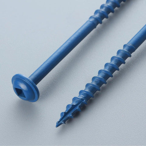 Close-up of rust-resistant blue coated pocket hole screws with washer head, part of the Pocket Hole Screws 2 Inch Set Of 300 With Extra 100mm Drive Bit Magnetized Bit For Easy Use Rust Resistant Blue Coated Exterior Wood Screws No 8 Diameter Coarse Thread Washer Head Square Drive Self Tapping Tip.