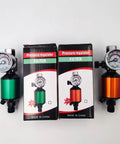 Green Pneumatic Spray Gun Pressure Regulator With Integrated Oil Water Separator And Paint Control Valve 1/4 Inch Thread next to orange variant.