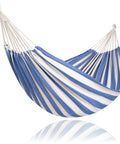 Big Outdoor Double Hammock With Stand For Two People, Durable Poly Cotton Fabric In Blue And White Stripes, Breathable Cocoon Style