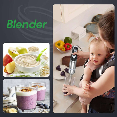 Pro Level 500W Immersion Hand Blender Kicked Up With 12 Variable Speed Settings Plus Turbo Boost Option And Reliable 4in 1 Kitchen Wand in action mixing smoothies.