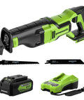 Beast 24V Cordless Reciprocating Saw With Brushless Motor, 1-1/8 Inch Stroke, 2700 SPM, battery, charger, and blades