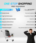 Comparison chart of solar vs DIY systems, listing pros and cons, featuring illustrations and a man in a suit at the bottom.