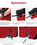 Steps showing operation of Auto Wire Stripper And Cutter 2 in 1 for stripping and cutting 7-32 AWG speaker wire with adjustable length.