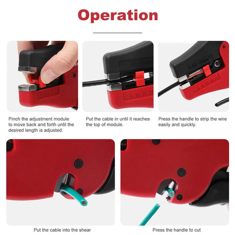Steps showing operation of Auto Wire Stripper And Cutter 2 in 1 for stripping and cutting 7-32 AWG speaker wire with adjustable length.