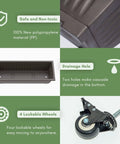 Close-up of components of Five Tier Vertical Garden Planter With Water Drainage showing polypropylene material, drainage holes, and wheels.