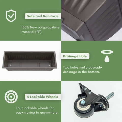 Close-up of components of Five Tier Vertical Garden Planter With Water Drainage showing polypropylene material, drainage holes, and wheels.