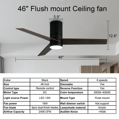 Flush Mount Ceiling Fan With Lights No Fuss Remote Control For Low Ceilings 46 Inch Modern Black Ceiling Fan in room setting