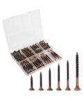 Job Site Ready Wood Screw Assortment Kit, 152 Pieces Bronze Galvanized Flat Head Phillips Drives in clear storage box.