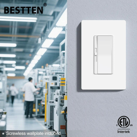 Dead Smooth 0-10V Dimmer Switch For Zero Fuss Single Pole Or Three Way Control Quiet Rocker Action mounted on a wall.