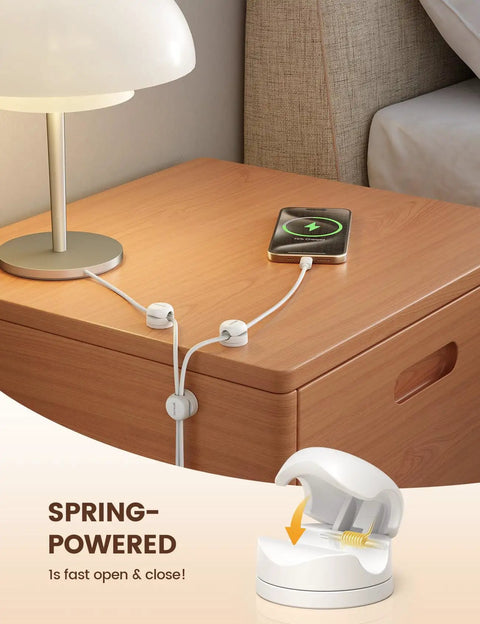 Six Pack 360 Degree Rotatable Cord Organizer Clips With One Second Lock Spring Cord Holder on nightstand managing charging cables