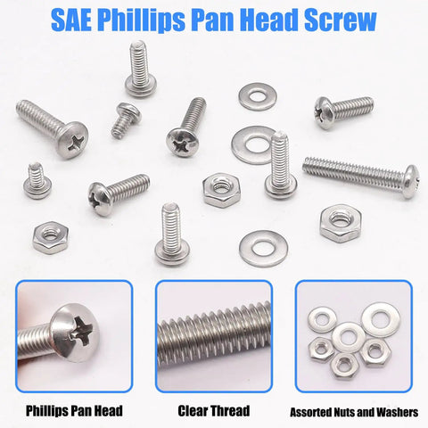 Assorted SAE Phillips Pan Head screws, nuts, and washers from Grab-And-Go 304 Stainless Steel Nuts And Bolts Kit With 237 Pcs