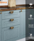 Brushed Antique Brass Cabinet Pulls 6 Pack 3 Inch Vintage Half Moon Sunflower Drawer Handles on kitchen cupboard with features.