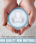 Hands holding PVC resin with image of Three Quarter Inch Three Way PVC Pipe Fittings Connectors For DIY Furniture Projects
