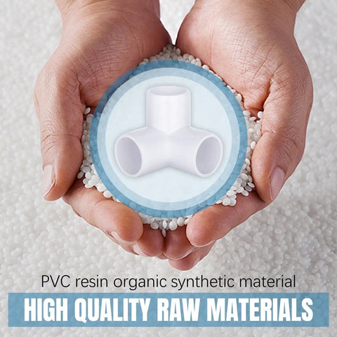 Hands holding PVC resin with image of Three Quarter Inch Three Way PVC Pipe Fittings Connectors For DIY Furniture Projects