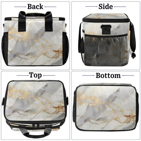Glossy Marble Grey Insulated Picnic Backpack Lunch Box for Women and Men, four views showing sides, top, and bottom.