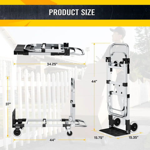 Heavy Duty 600 Lb Hand Truck Featuring Rock Solid Build dimensions shown, with adjustable setup and sturdy aluminum frame.