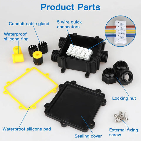 Image of 3 Way IP68 Waterproof Junction Box For Outdoor Use with parts labeled, showing components like silicone ring, sealing cover, and locking nut.