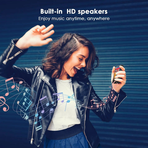 Woman enjoying music with Bluetooth MP3 Player With Built-In Speaker For Kids, showcasing built-in HD speakers.