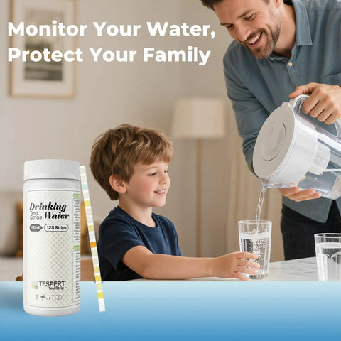 Family using Drinking Water Test Strips Kit 125 Count 16 In 1 Quick Screening For Hardness pH Iron Nitrite Copper Chlorine Lead