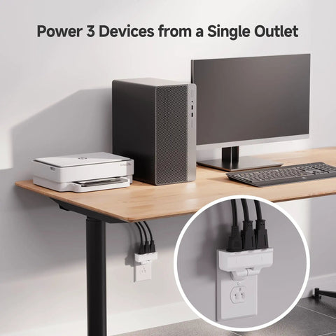 ETL Listed 2-Pack 3-Outlet Grounded Wall Tap With 180 Degree Swivel in use under desk, powering computer and printer