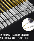 Hex-shank titanium-coated twist drill bit set, 19 pcs, sizes 1/16–1/4 in, Amazon