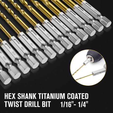 Hex-shank titanium-coated twist drill bit set, 19 pcs, sizes 1/16–1/4 in, Amazon